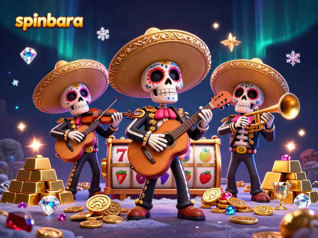 Engage with spinbara's vibrant 3D illustration featuring a mariachi band amidst dynamic slots and treasure.
