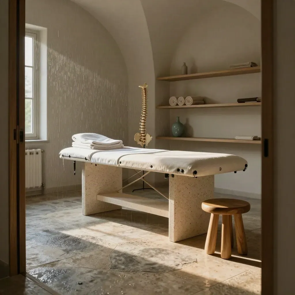 Sala de osteopatía vacía con camilla de travertino, columna de corcho y luz de mañana