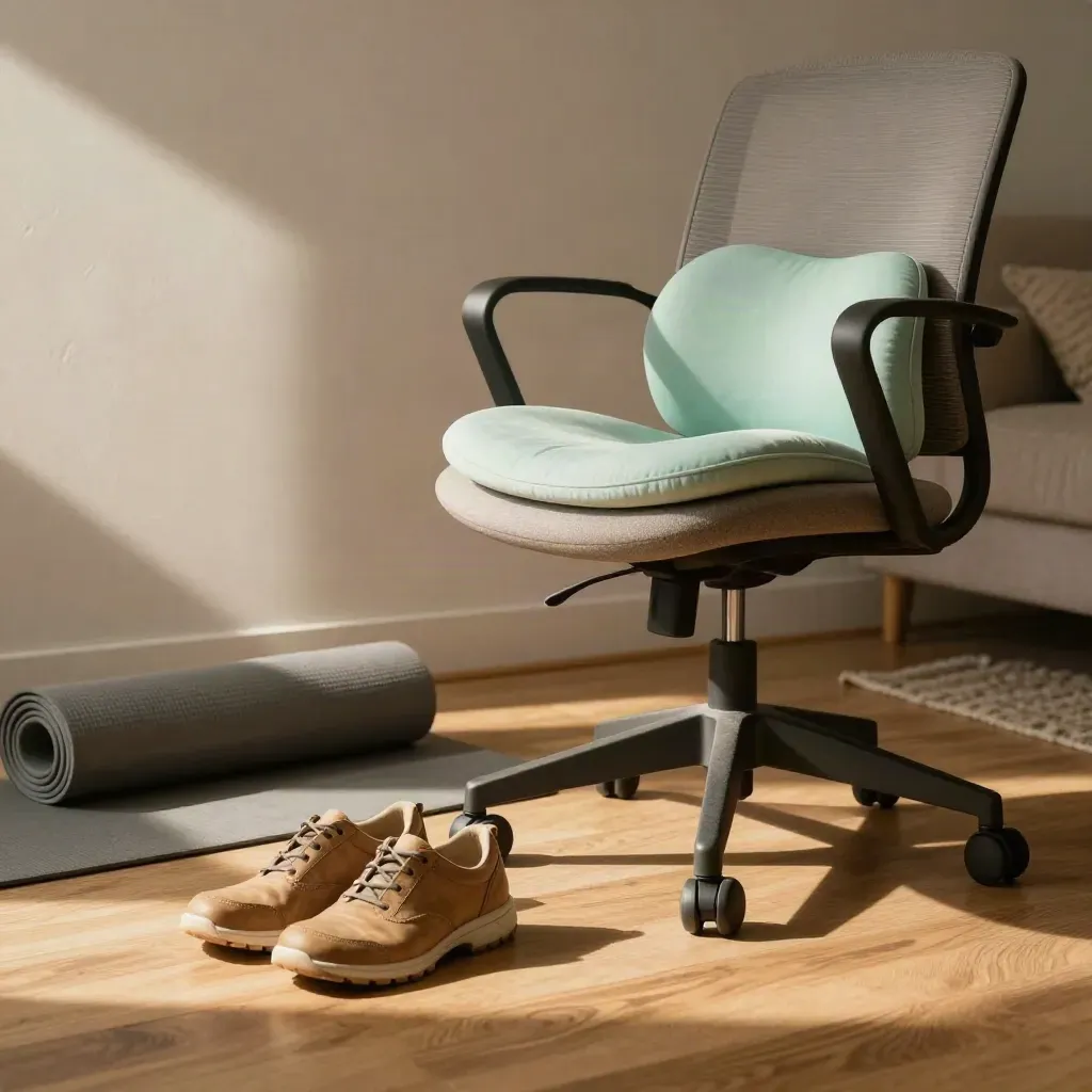 Rincón de salón con silla ergonómica, cojín lumbar, zapatillas y esterilla enrollada.