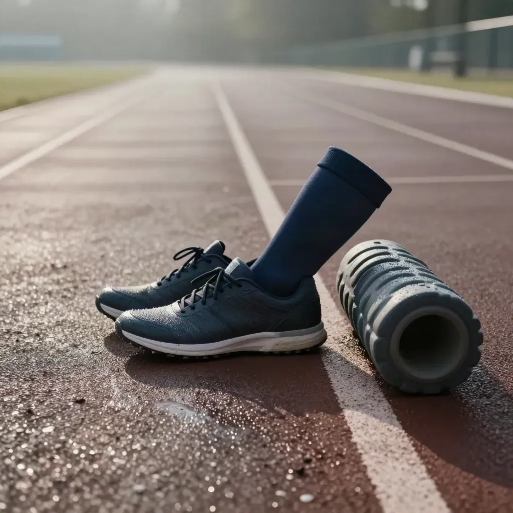 Zapatillas de correr, rodillera y foam roller junto a una pista mojada al amanecer.