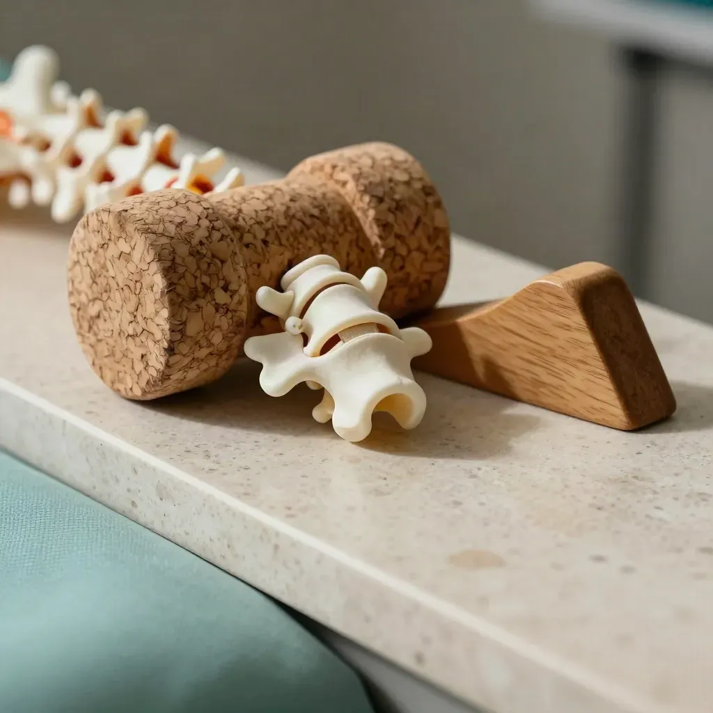 Rollo cervical de corcho, columna anatómica y cuña de madera sobre piedra travertino.