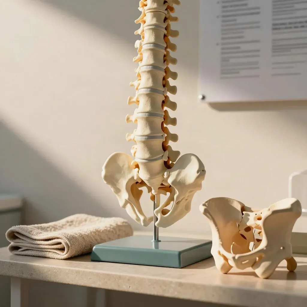 Modelo anatómico de columna y pelvis sobre estante clínico con toalla plegada, luz suave.