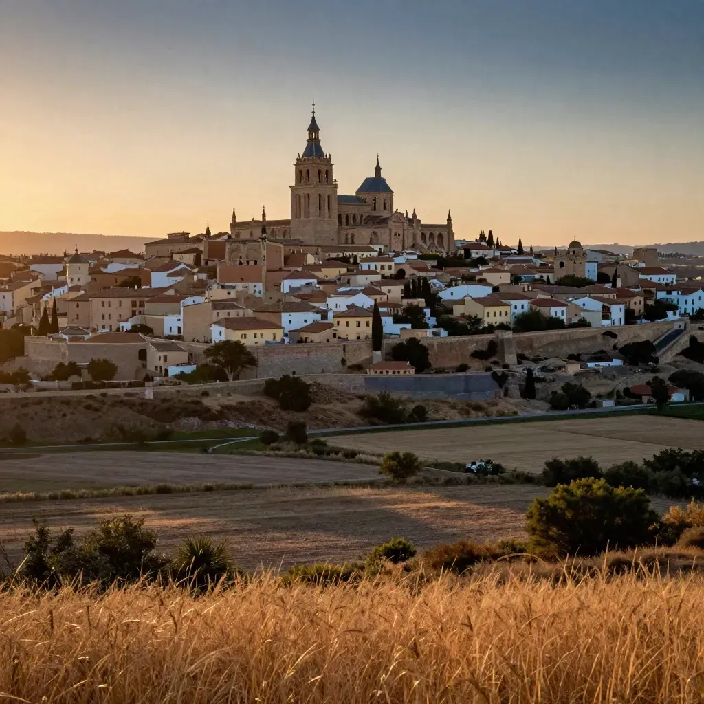 Atardecer sobre Alcalá de Henares y el Corredor del Henares, con torres y tejados de piedra.