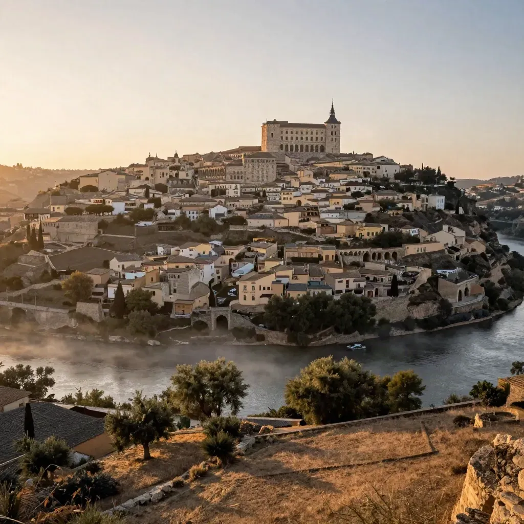 Toledo sobre el río Tajo al atardecer, con el Alcázar y el puente viejo en la distancia.