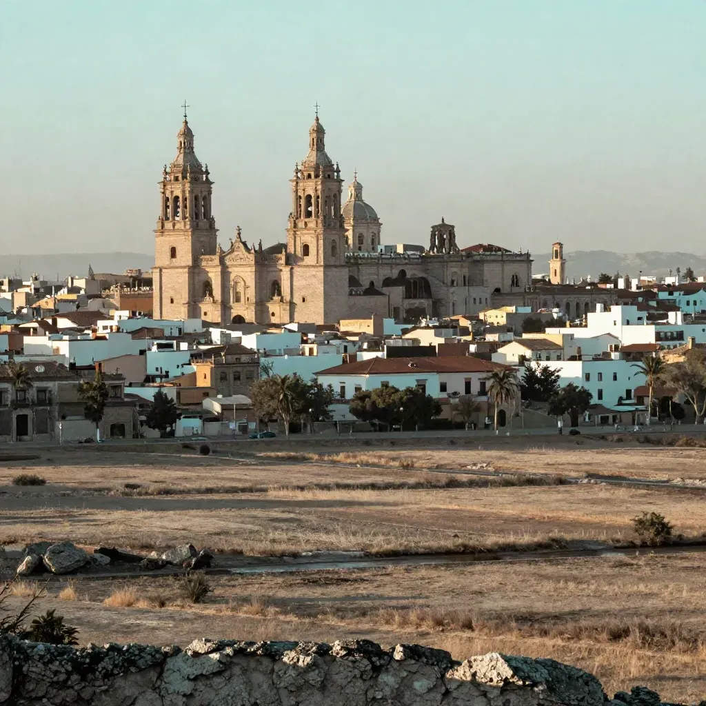 Panorámica de Guadalajara al atardecer sobre el valle del Henares, con la catedral en bruma suave.