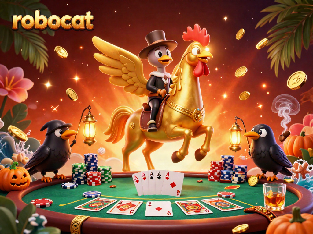 Engage with the robocat in a vibrant casino setting featuring poker elements and dynamic characters.